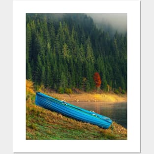 Wooden blue boat ashore autumn colors Posters and Art
